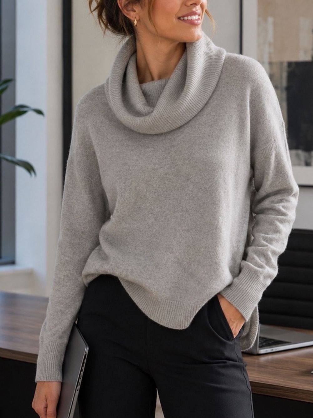 Saks Fifth Avenue 100% Cashmere Gray Cowl Neck Sweater XS Luxury 25427